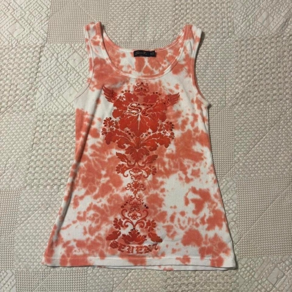Y2K Seven7 Orange tie-dye tank top with rhinestone details and felt appliqué, M